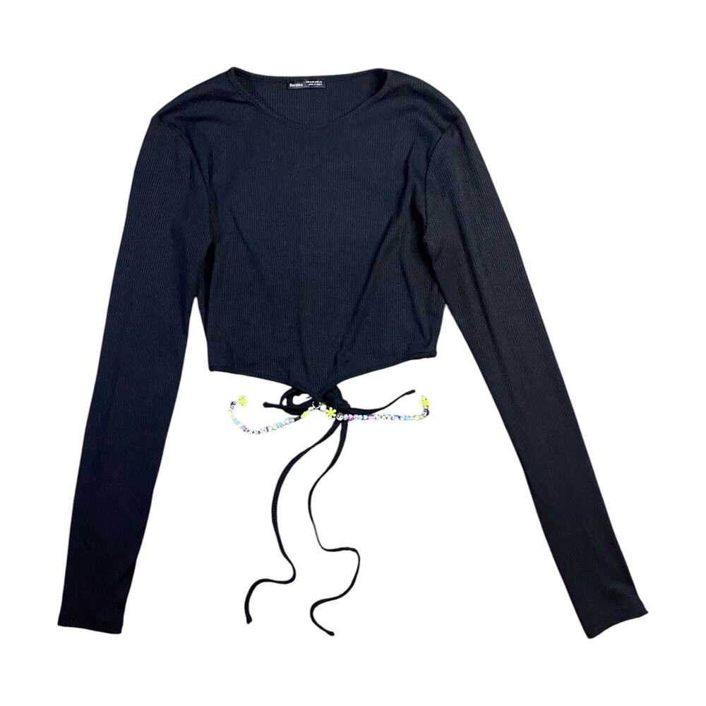 Bershka Baby Love Ribbed Beaded Waist Tie Cropped Tee - M